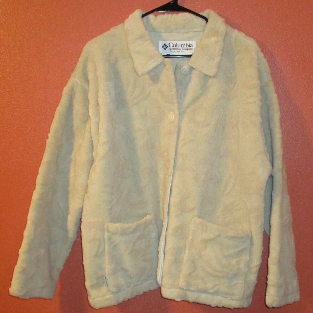 Columbia Jacket Woman Large Cream Animal Button Down Long Sleeve Fleece Jacket